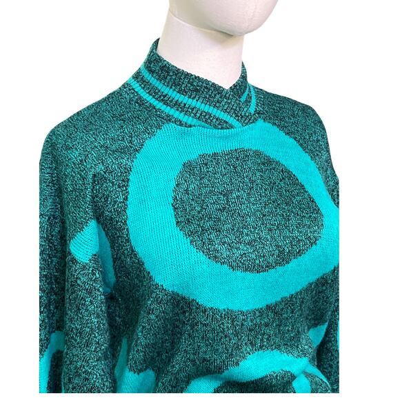 Vintage Knitwaves USA Teal Black Circle Pattern Sweater 80s Retro Acrylic - Picture 7 of 7